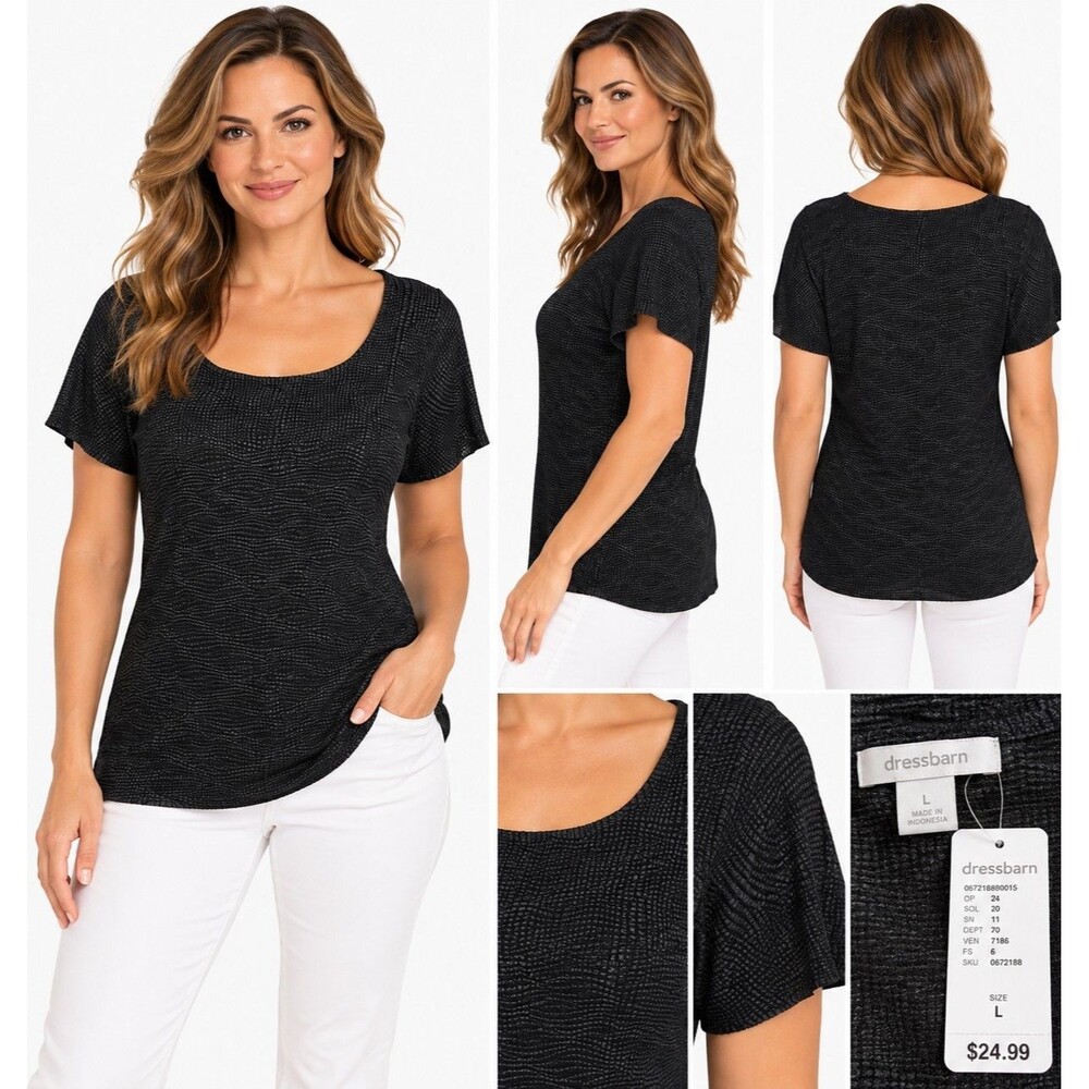 Dressbarn Women's Black Textured Short Sleeve Scoop Neck Top Size L NWT